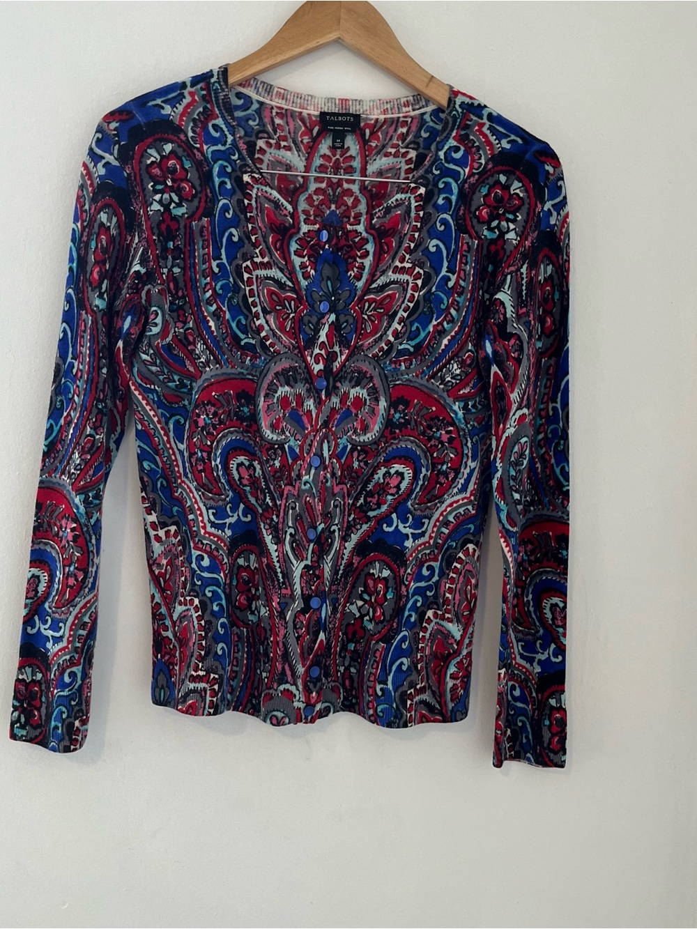 Talbots 100% Wool Paisley V-Neck Long Sleeve Edgy Cardigan  in Blue and Pink
